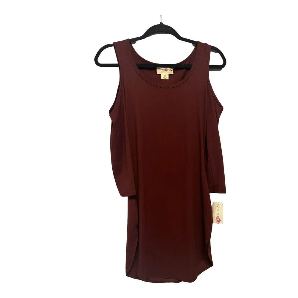 Wishful Park Cold Shoulder Mini Dress Tunic Burgundy Solid Scoop Neck Size M NWT